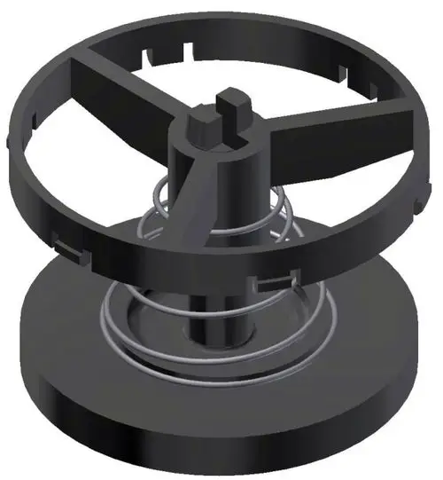 Mechanisches Teil mit einem zentralen Stift, drei Halterungen und einer Federvorrichtung. Teil der Wolf-Schwerkraftbremse, geeignet für Rohrleitungssysteme.